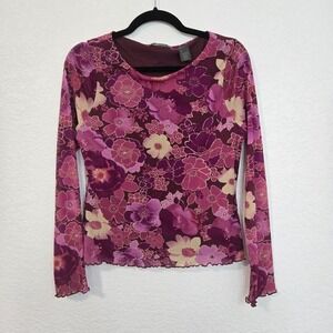 Liz Claiborne‎ L Y2K Floral Mesh Top Long Sleeve Purple Flower Print Blouse